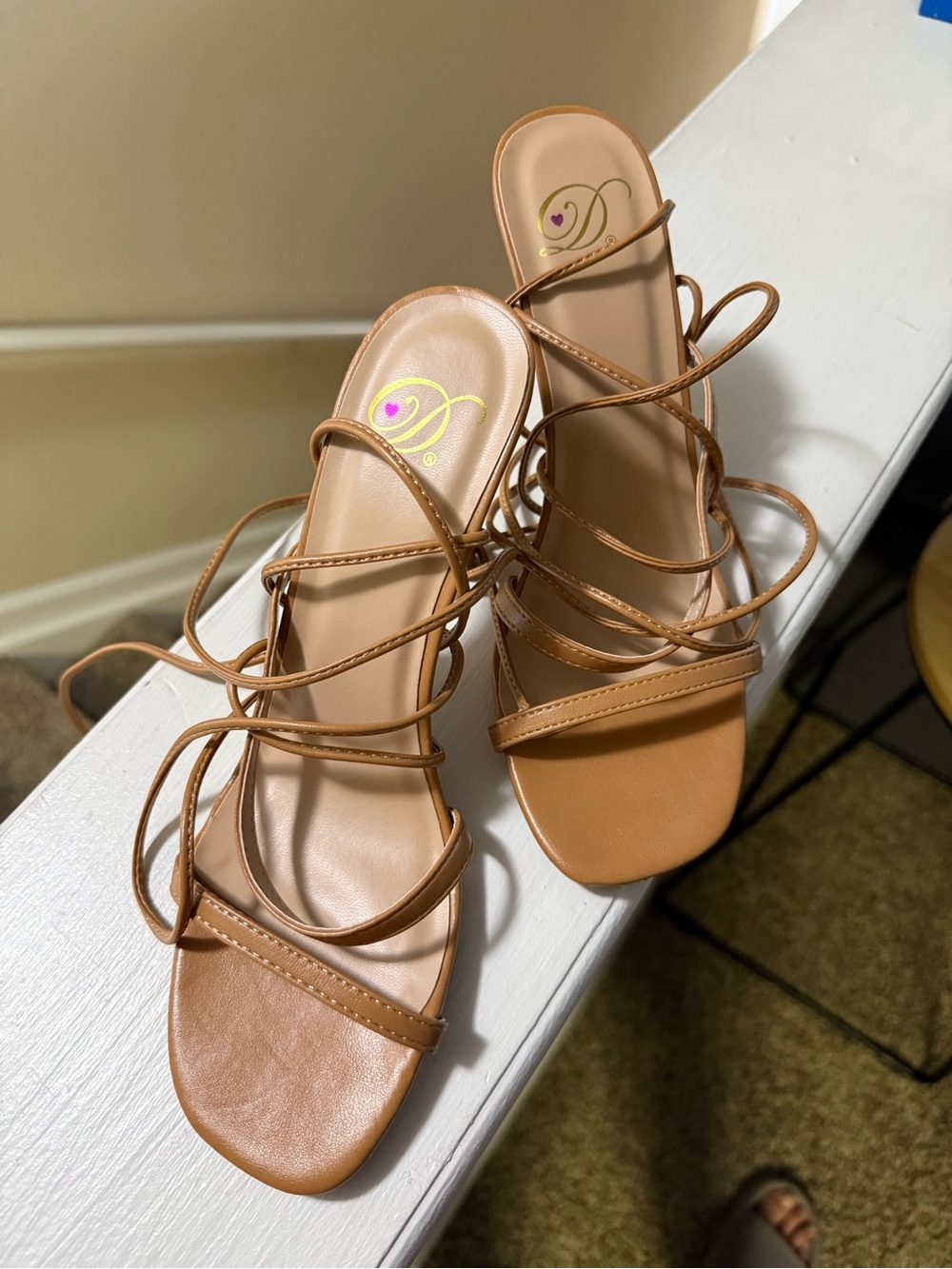 Delicious Tan Lace-Up Stiletto Sandal with Wrap Straps - Picture 2 of 8